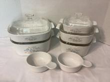 Five Corning Ware Country Cornflower Baking Dishes with Lids and Two Handled Casseroles