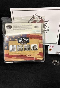 Buck No 110 Folding Hunter with Hat Pin in Custom Tin