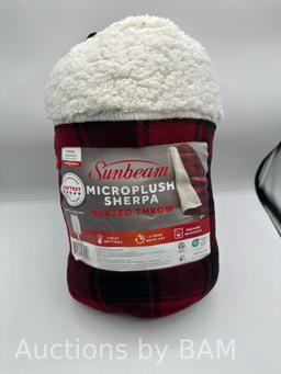 Sunbeam Throw Red & Black Buffalo Plaid Microplush Sherpa (Faux Shearling), 4 Heat Settings, 4-Hour