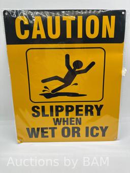 Caution: Slippery When Wet OR ICY Sign (Aluminium, Reflective Yellow Background,10X12 inch)