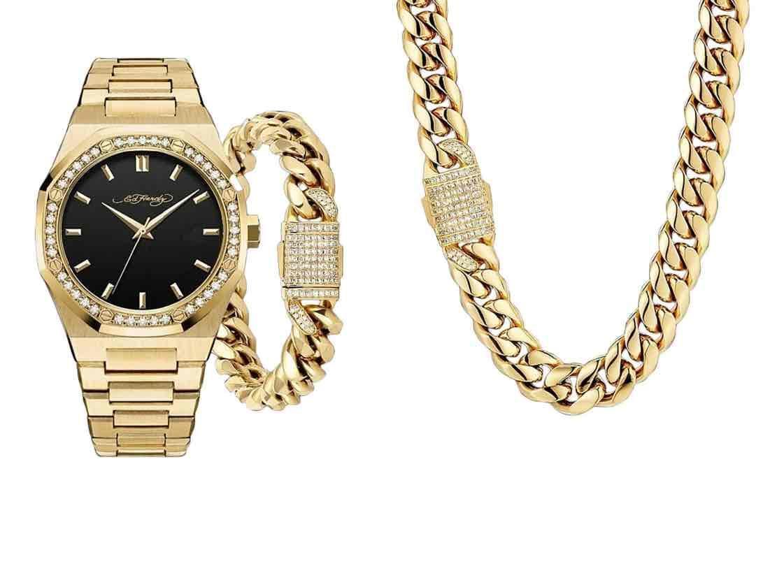 Ed Hardy Mens Shiny Gold Metal Bracelet Watch 42mm Gift Set