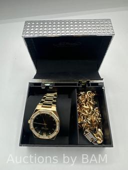 Ed Hardy Mens Shiny Gold Metal Bracelet Watch 42mm Gift Set