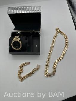 Ed Hardy Mens Shiny Gold Metal Bracelet Watch 42mm Gift Set