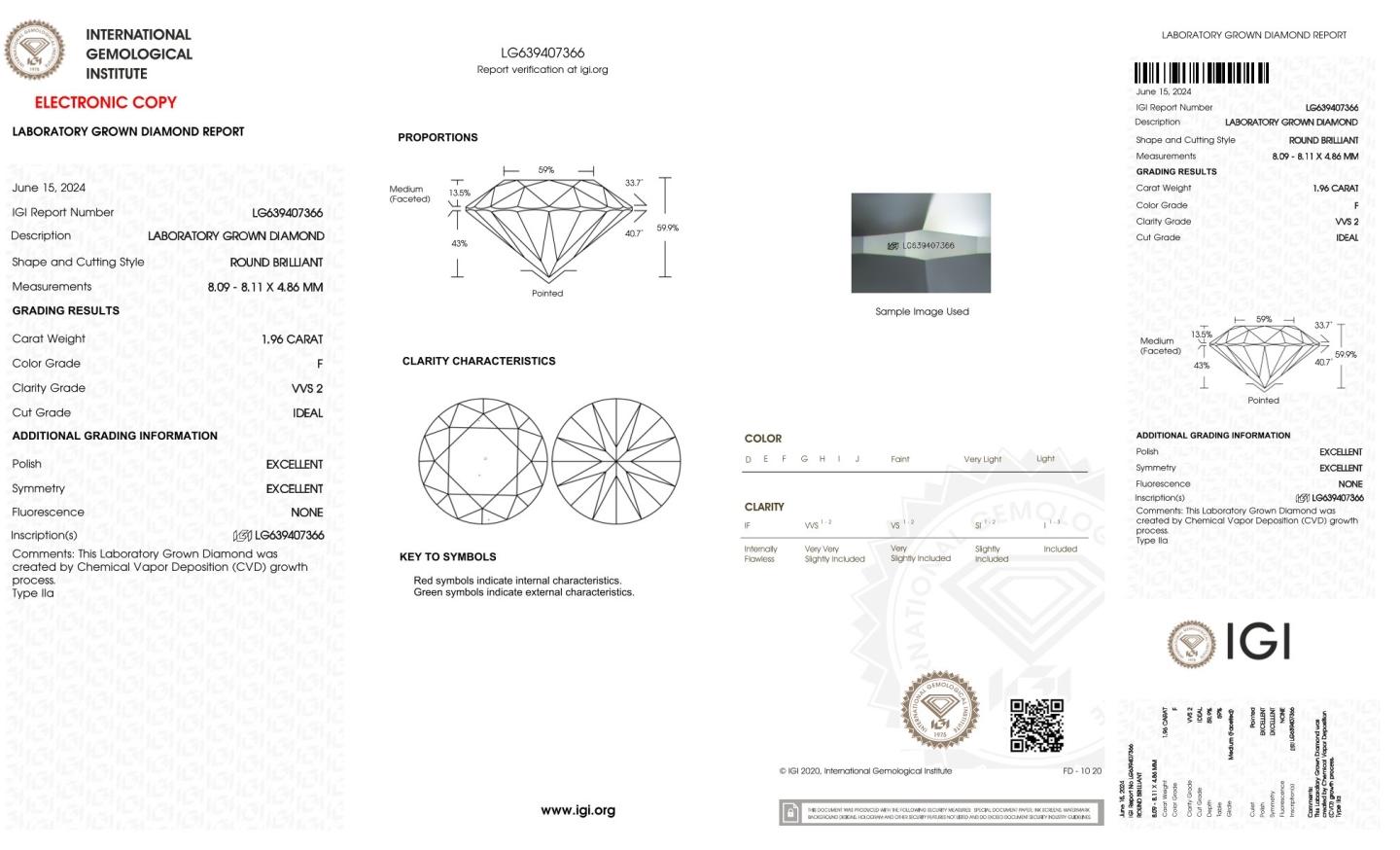 Igi Certified Round Cut 1.96ct Vvs2 Lab Diamond