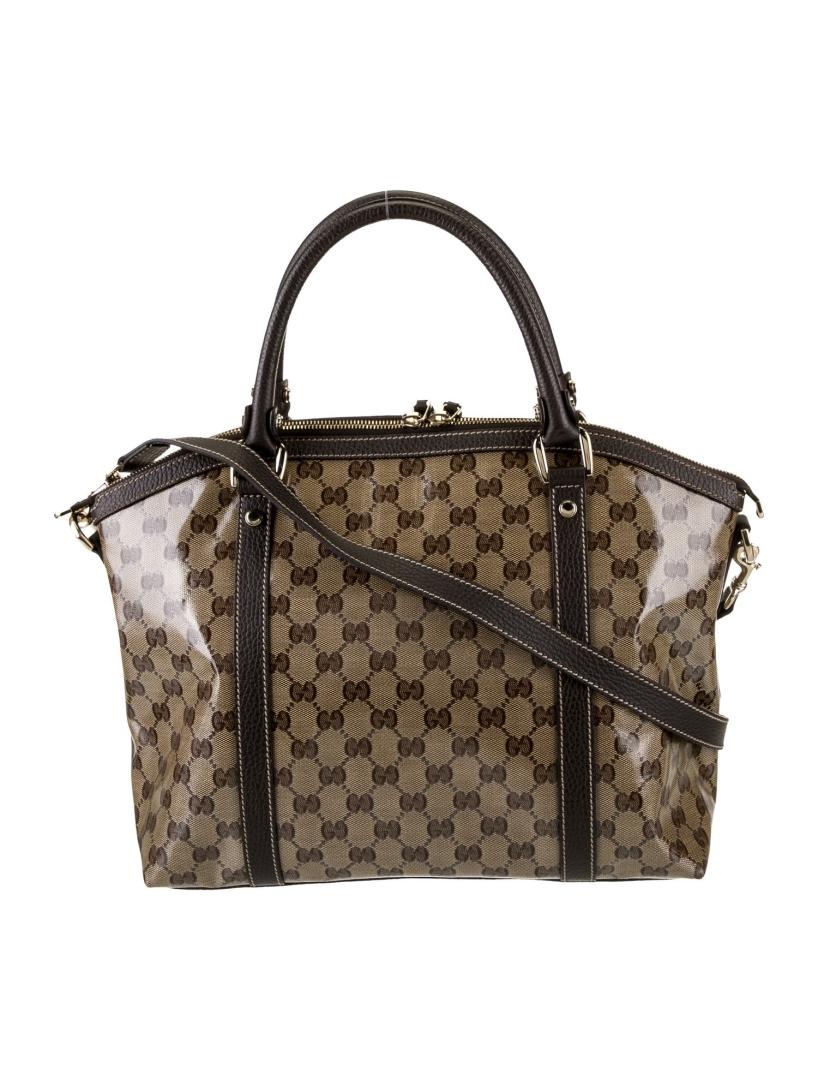 Gucci Brown Patent Leather Gg Crystal Top Hdl Bag