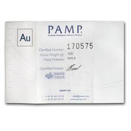 100 Gram Gold Bar - Pamp Suisse (cast, W/ Assay)