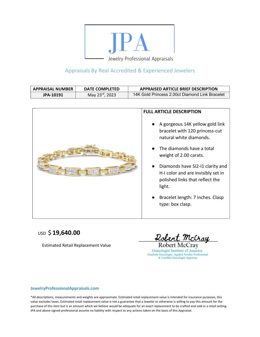 14k Gold Princess 2.00ct Diamond Bracelet