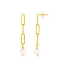 14k Gold Pearl Dangle Paperclip Link Earrings