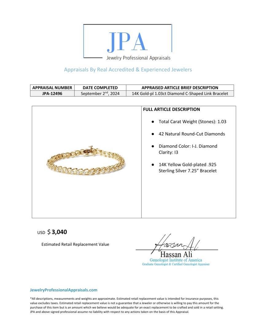 14k Gold-pl 1.03ct Diamond C-shaped Link Bracelet