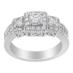 14k Wgold 1.00ct Diamond 3-stone Halo Ring