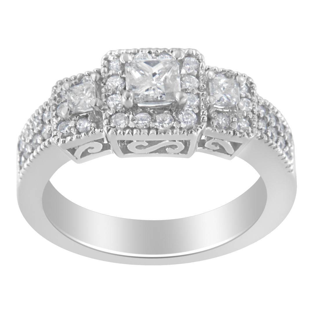 14k Wgold 1.00ct Diamond 3-stone Halo Ring
