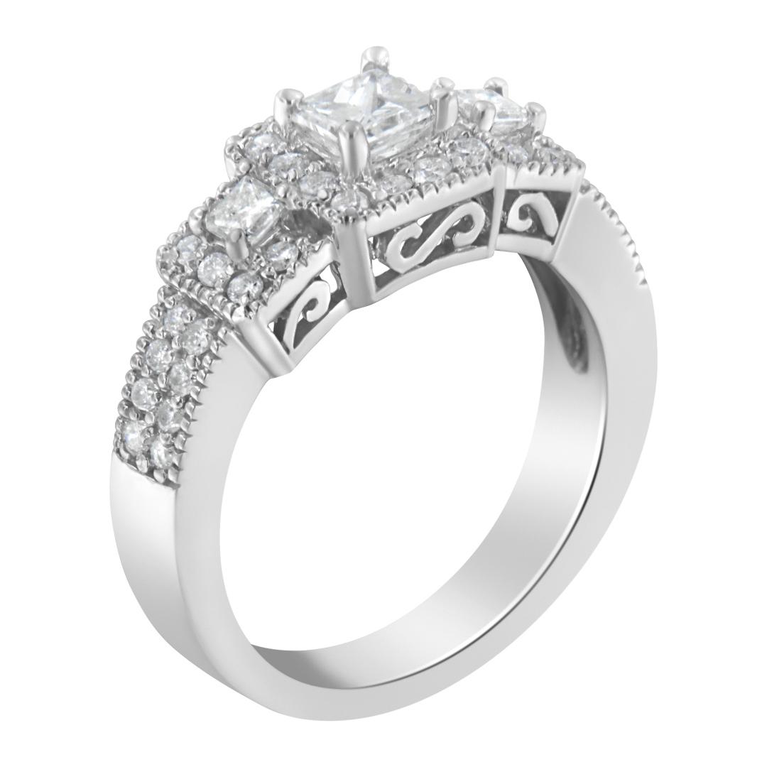 14k Wgold 1.00ct Diamond 3-stone Halo Ring