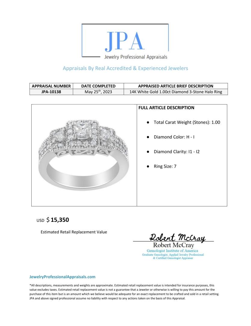 14k Wgold 1.00ct Diamond 3-stone Halo Ring