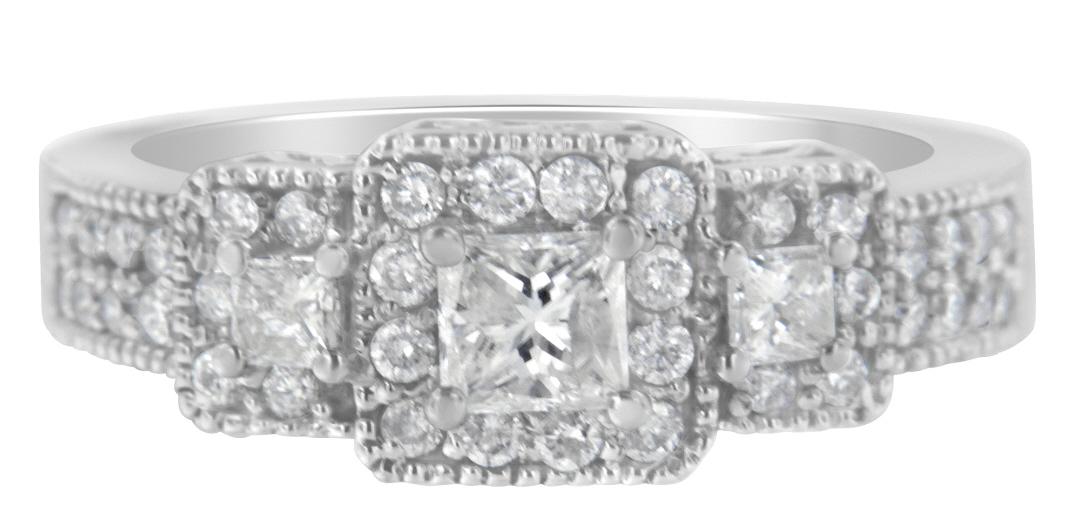 14k Wgold 1.00ct Diamond 3-stone Halo Ring