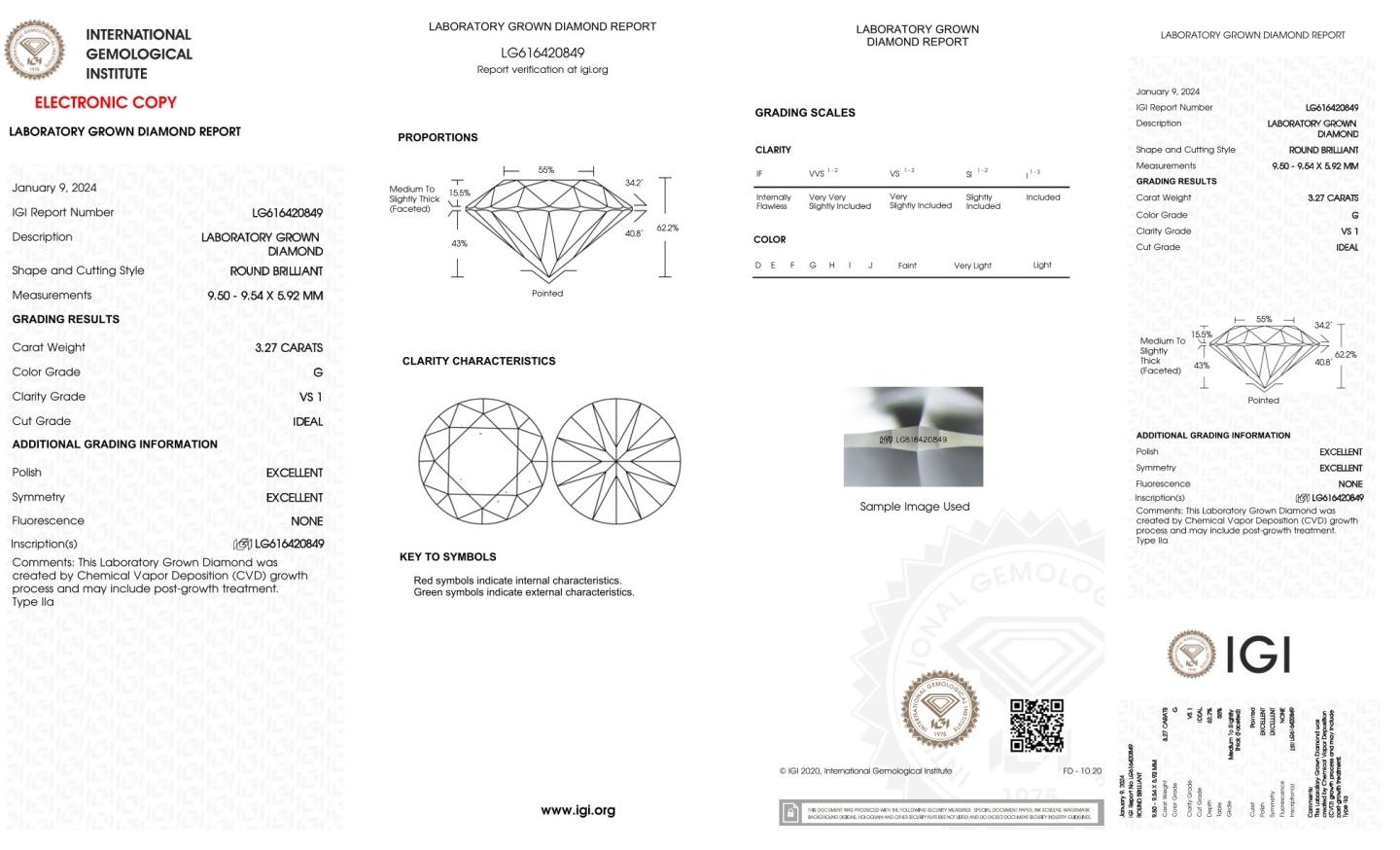 Igi Certified Round Cut 3.27ct Vs1 Lab Diamond
