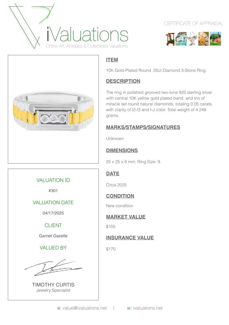 10k Gold-pl. Round .05ct Diamond 3-stone Ring