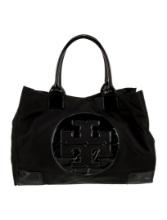 Tory Burch Black Nylon Rolled Handles Snap Tote
