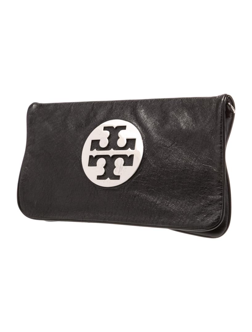 Tory Burch Graphic Print Black Leather Snap Clutch