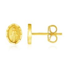 14k Gold Oval Religious Medallion Post Earrings