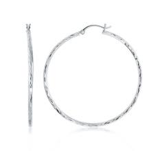 14k White Gold Diamond-cut Hoop Earrings