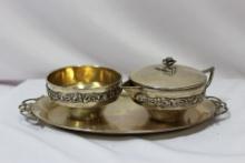 800 Silver Cream and Sugar Set on a Tray