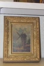 19th century oil on wood painting of wind mill