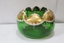 AGold Gilted Bohemian Glass Green Peach Bloom Bowl