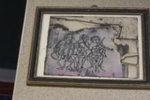 Very Rare Small Etching of Musicians