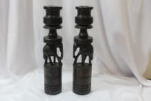 A Pair of Exotic Wood Elephant Candlesticks
