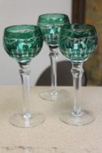 Set of 3 Green Cut Glass Goblets