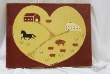 A Vintage Print on Canvas of a Horse and a Pig