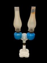 EXCEPTIONAL RIPLEY BLUE CLAMBROTH DOUBLE WEDDING OIL LAMP CIRCA 1870 BLOWN GLASS MILK GLASS BASE