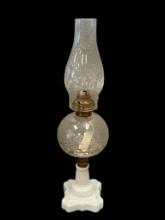 1800'S VICTORIAN PERIOD BOSTON AND SANDWICH GLASS PARLOR OIL LAMP ETCHED FONT WITH MILK GLASS BASE