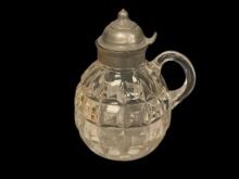 CIRCA 1880'S DUNCAN HAND BLOWN BLOCK PATTERN SYRUP PITCHER WITH PEWTER HINGED TOP