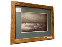 SIGNED LAKE TAHOE PRINT FEATURING WAVES CRASHING INTO SHORE WITH MOUNTAINS IN BACK DROP