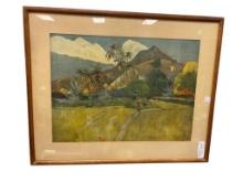 VINTAGE PAUL GAUGUIN TAHITAN LANDSCAPE REPRODUCTION PRINT FEATURING MAKER'S INSIGNIA IN LOWER RIGHT