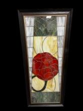 STUNNING STAINED GLASS ROSE MOTIF WINDOWPANE FRAME FEATURING A DEEP RED ROSE IN CENTER BY LARSON