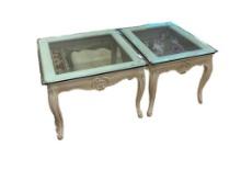 CARVED SOLID WOOD LIGHT-STAINED COFFEE TABLE WITH THICK BEVELED GLASS END TABLE