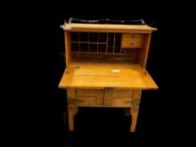 ANTIQUE AMERICAN WALNUT ARTS AND CRAFTS ERA DROP FRONT SECRETARY DESK WITH BRASS CHAIN MOUNTS