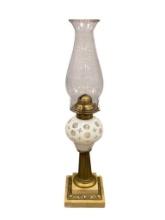 LATE 19TH CENTURY COIN DOT CUT WHITE TO CLEAR GLASS OIL LAMP WITH BRASS PEDESTAL MARBLE SQUARE BASE