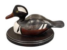 HOODED MERGANSER HAND CRAFTED WOODEN DUSCK DECOY ON ONLONG WOODEN BASE