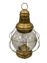 WWI ERA PERKINS ANTIQUE MARITIME NAUTICAL BRASS AND MOLDED GLASS ONION SHIP LAMP CIRCA 1920'S