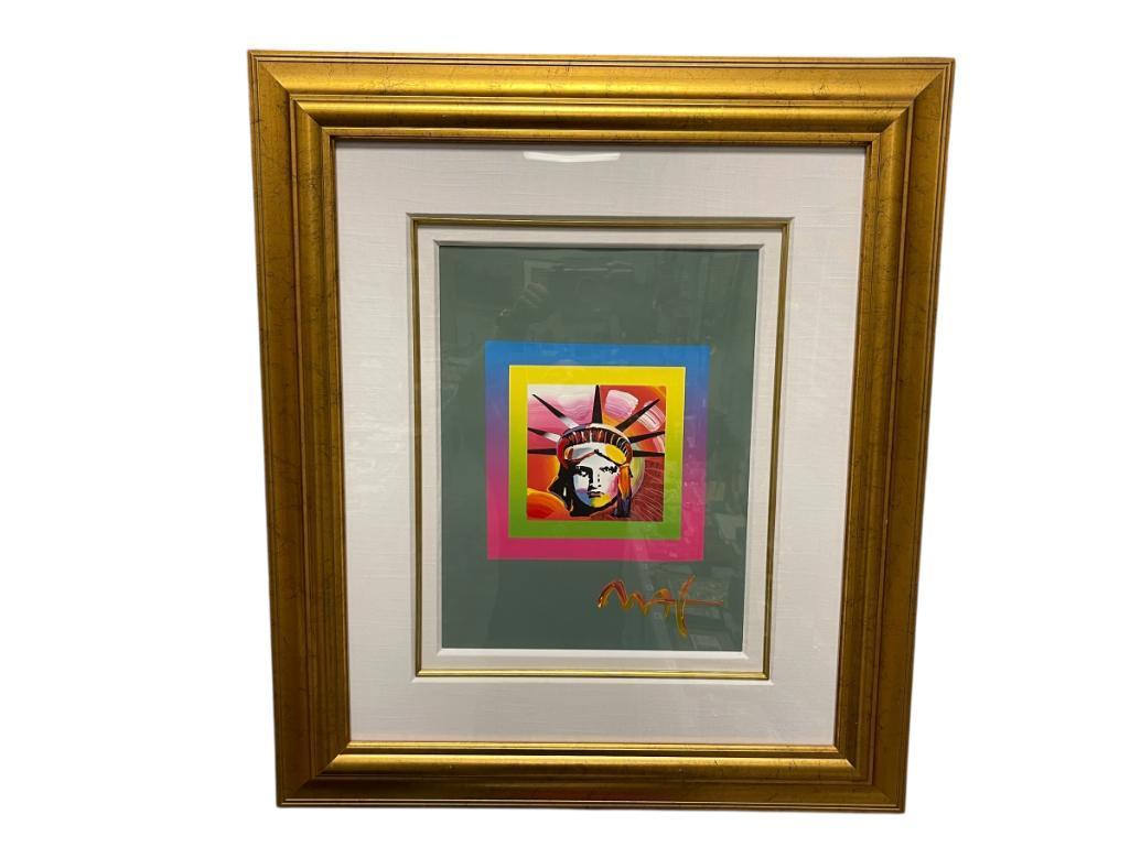 PETER MAX GERMAN-AMERICAN ARTIST MIXED MEDIA AND COLOR LITHOGRAPH ON PAPER "LIBERTY HEAD ON BLENDS"