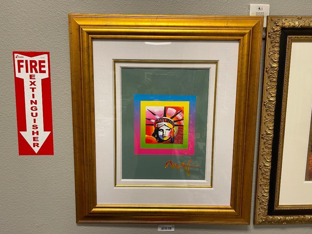 PETER MAX GERMAN-AMERICAN ARTIST MIXED MEDIA AND COLOR LITHOGRAPH ON PAPER "LIBERTY HEAD ON BLENDS"