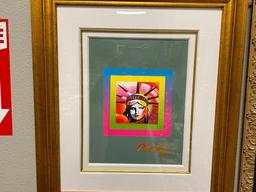 PETER MAX GERMAN-AMERICAN ARTIST MIXED MEDIA AND COLOR LITHOGRAPH ON PAPER "LIBERTY HEAD ON BLENDS"