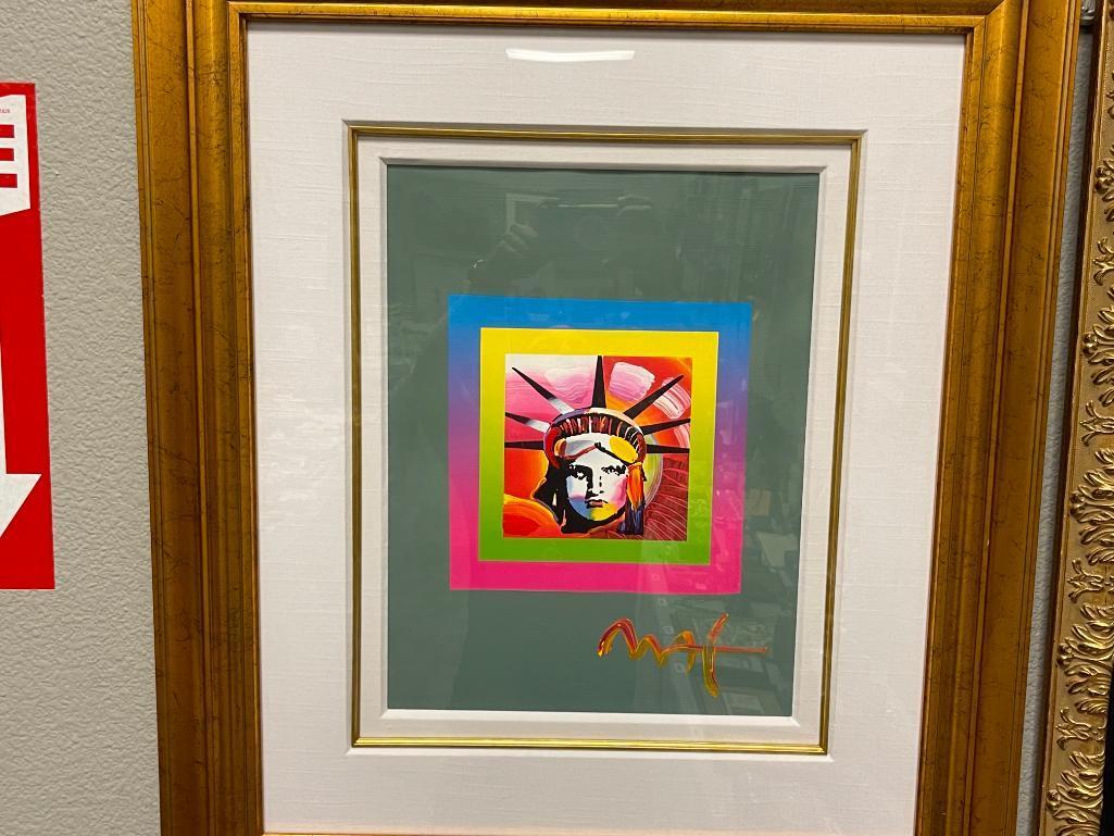 PETER MAX GERMAN-AMERICAN ARTIST MIXED MEDIA AND COLOR LITHOGRAPH ON PAPER "LIBERTY HEAD ON BLENDS"