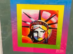 PETER MAX GERMAN-AMERICAN ARTIST MIXED MEDIA AND COLOR LITHOGRAPH ON PAPER "LIBERTY HEAD ON BLENDS"