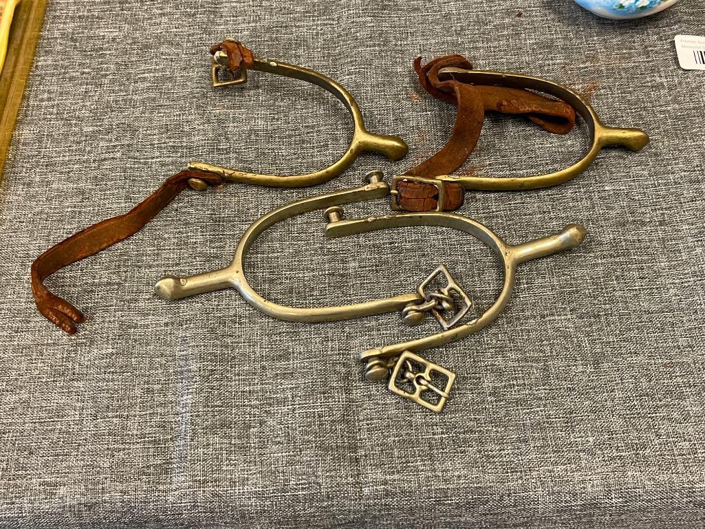 TWO PAIRS OF ANTIQUE WWI ERA US CAVALRY RIDING SPURS ONE PAIR IS MARKED "U.S. - A.B."