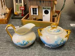 ANTIQUE LIMOGES J.P. LIMOGES PORCELAIN HAND PAINTED CREAMER AND SUGAR BOWL WITH LID MADE IN FRANCE