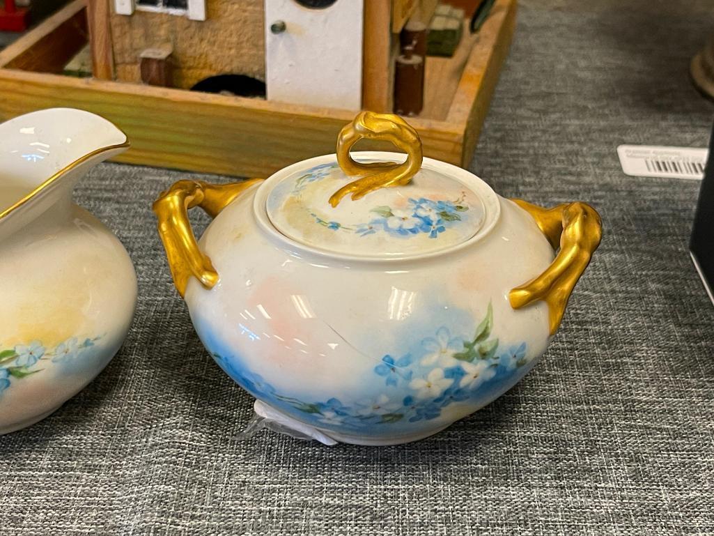 ANTIQUE LIMOGES J.P. LIMOGES PORCELAIN HAND PAINTED CREAMER AND SUGAR BOWL WITH LID MADE IN FRANCE